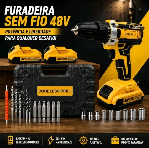 Parafusadeira e Furadeira 48V 2 Baterias, Maleta e Acessórios + Frete Grátis