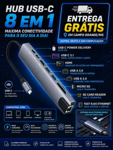 Adaptador multifunções tipo c - Entrega grátis em Campo Grande - MS