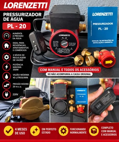 Pressurizador de Água Lorenzetti PL-20 220V - Completo, 4 Meses de Uso