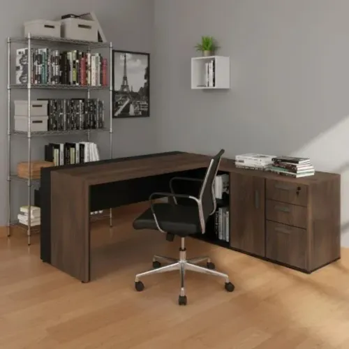 Mesa Presidente com Armário Pedestal 1,82x1,80 Marsala Preto Escritório Luxo Premium 23483