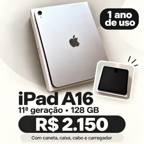 iPad A16 11ª geração 128GB com caneta, caixa, cabo e carregador