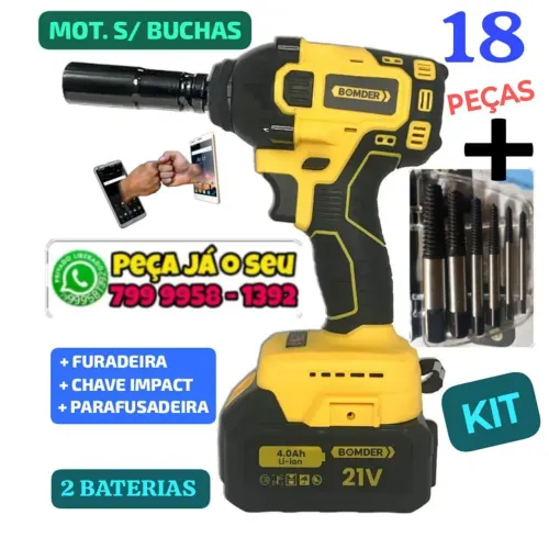 Chave impacto 3em1,com maleta de ferramentas, 18 peças, 2bat, kit saca parafusos 