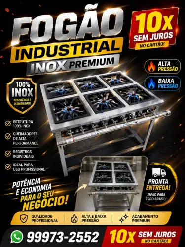 Fogao industrial inox 4 bocas e 6 bocas alta e baixa pressão em 10x sem juros