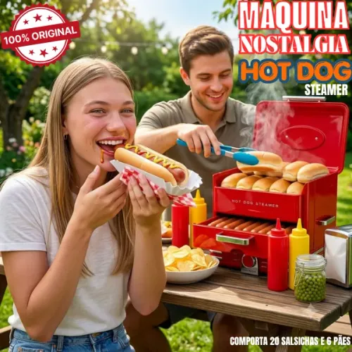 MÁQUINA DE CACHORRO QUENTE A VAPOR STEAMER NOSTALGIA 127V - ATÉ 20 SALSICHAS E 6 PÃES