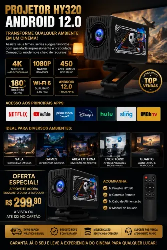 Projetor Smart HY320 Android Wi-Fi 180° Full HD 1080p Mini Projetor 4K