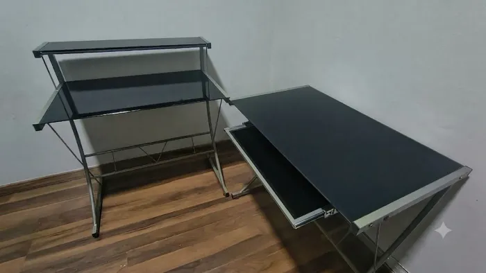 Mesa escritorio de canto computador metal com vidro preto