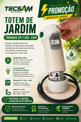 Totem de Jardim com proteção contra choques elétricos 220v fase/neutro Tomada 2p + T dupla