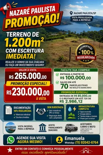 Terreno a Venda! Lote de 1200m e 800m da Represa