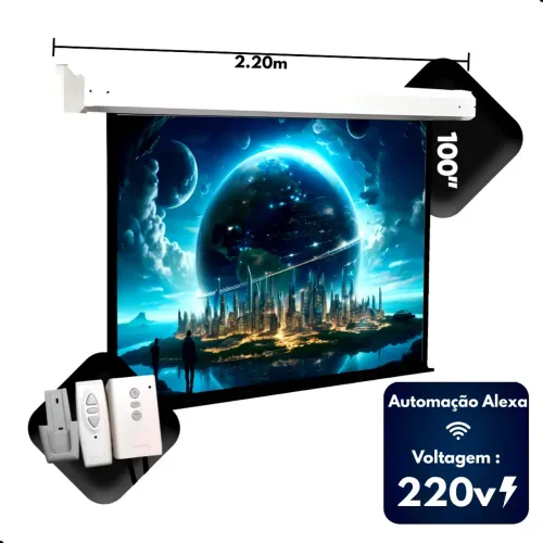 Tela De Projeção Elétrica 100" 220v Retratil Controle Remoto Automação Com Alexa.