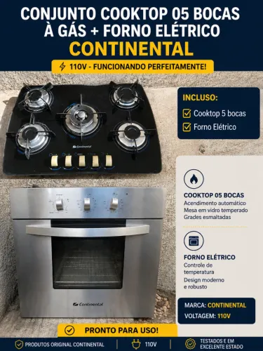 Conjunto Cooktop Continental 5 Bocas + Forno Elétrico 110V - Seminovos