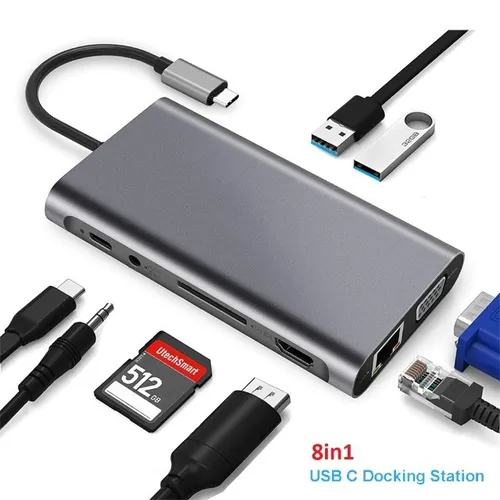 Adaptador Hub Type-C 11x1 para Lan, Usb 3.0, Hdmi, Vga, Sd, Pd e P2