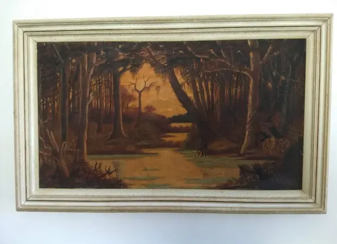 quadro antigo tema paisagem de floresta1911
