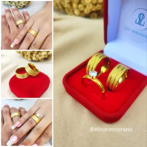 Par de Alianças Diamantada 8mm Banhado a Ouro 18K + Anel Solitário + Caixa de Veludo