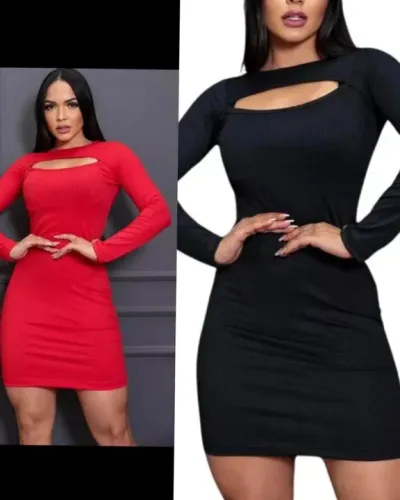 Vestido manga longa curto decote no busto preto e vermelho 