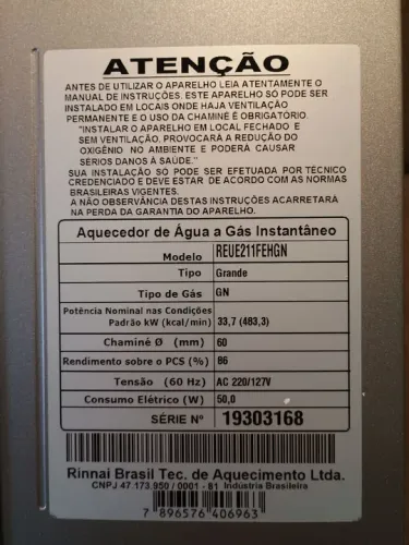 Aquecedor de água a gás, 21 litros. Mod. REUE211FEHGN - RINNAI