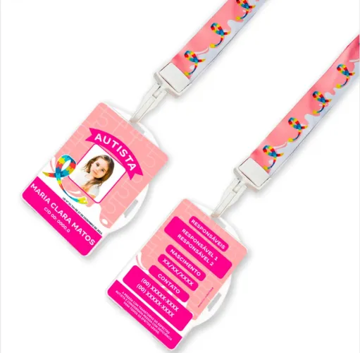 Crachas Autista Menina + Cordão Autismo + Pulseira Cartão de Identificação para Autista