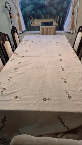 Toalha de mesa antiga em linho 100% bordada a mão + guardanapos