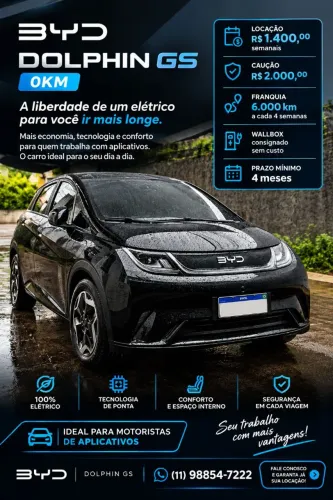 Locação Veículo Carro BYD Dolphin GS Elétrico e Onix Plus Premier
