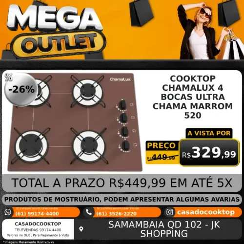 COOKTOP CHAMALUX 4 BOCAS ULTRA CHAMA MARROM 520
