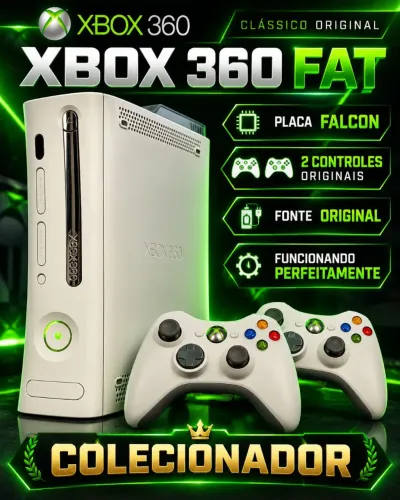 XBOX 360 FAT BRANCO ORIGINAL - PLACA FALCON - 2 CONTROLES ORIGINAIS - COLECIONADOR