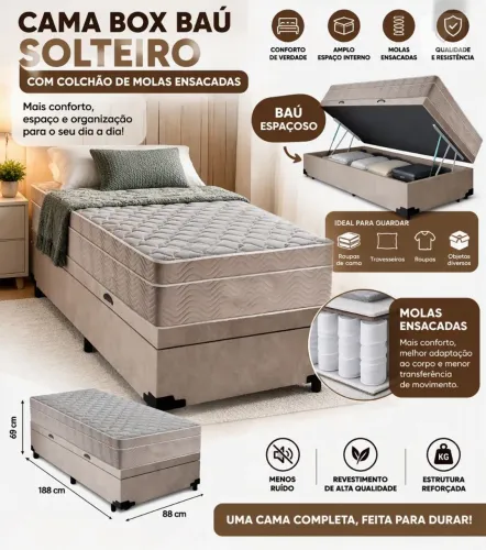 CAMA BOX BAÚ SOLTEIRO PREMIUM<br>Com Colchão de Molas Ensacadas