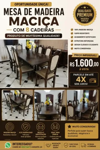 MESA DE MADEIRA MAÇIÇA DE FAMÍLIA + 8 CADEIRAS DE MADEIRA. PREÇO IMPERDÍVEL!