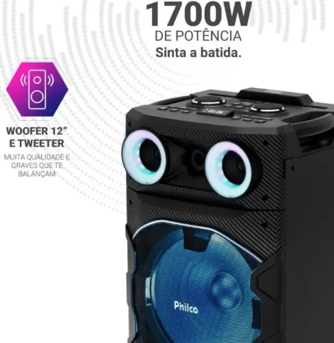 Caixa de Som Philco Bluetooth 1700W, 15 horas de bateria, Rádio FM, Efeitos de Luz - 110V