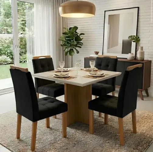 Conjunto Mesa Valença 90 Cinamomo Off White com 4 Cadeiras Veludo Preto