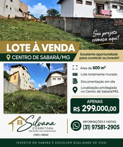 Lote a venda no Centro de Sabará , MG  600 M²