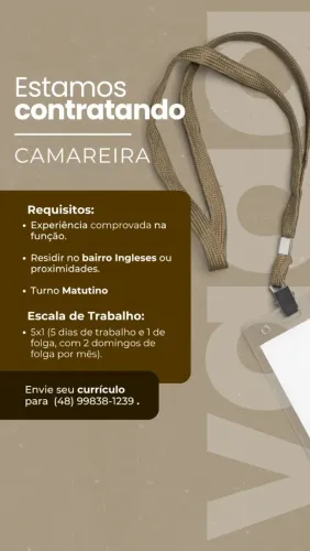 Vaga para camareira em hotel nos Ingleses