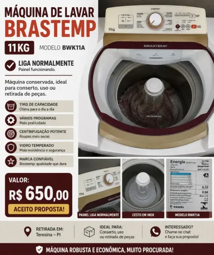 Máquina Brastemp 11kg liga normalmente. Ideal para conserto ou uso. Painel funcionando.