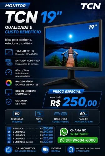 Monitor Novo 19' Polegadas HDMI VGA