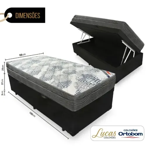 Cama Solteiro Box Completa com Colchão Cinza Novo + Baú Preto