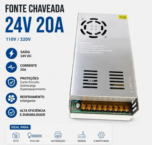 Fonte Chaveada 24V 20a 110/220v nova lacrada 