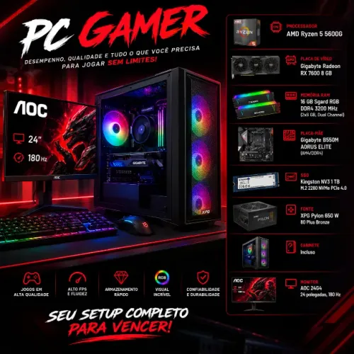 PC Gamer RX 7600 + Ryzen 5 5600G + SSD 1TB + Monitor AOC 180Hz
