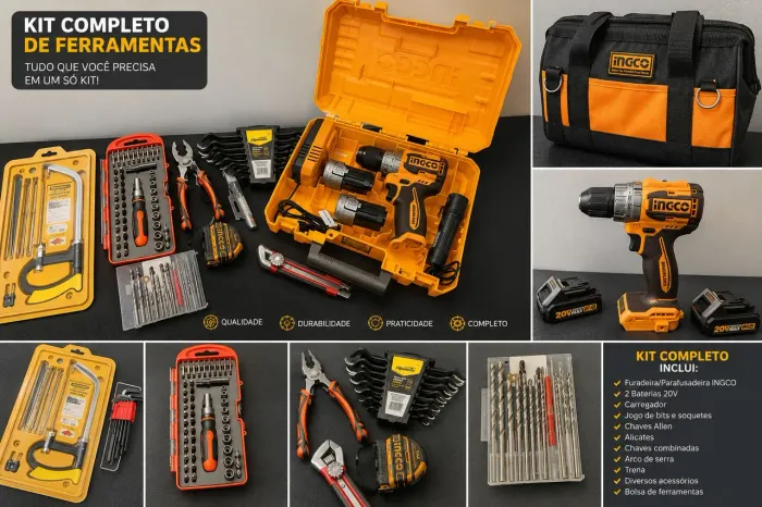 KIT DE FERRAMENTAS COMPLETO + FURADEIRA INGCO + MALETA/ BOLSA