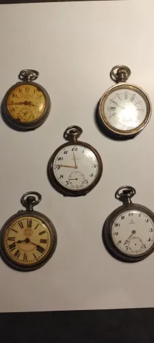 Lote com 5 relógios de bolso antigos - Omega, Lanco e Roskopf - Herança de família