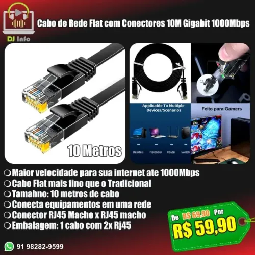 Cabo de Rede Flat com Conectores Gigabit 1000Mbps 10M