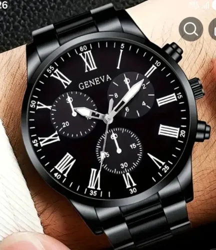 Relógio Geneva Fundo preto pulseira de metal