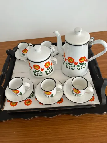 Antigo Jogo de Café Esmaltado Ágata Vintage Floral Laranja - Completo com Bandeja
