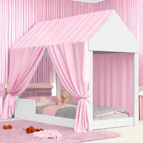Cama Casa Infantil Crystal Montessoriana Com Voal Rosa