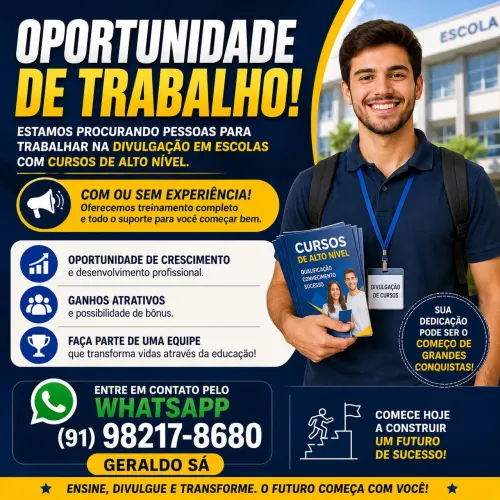 ATENÇÃO: VAGAS PARA DIVULGADOR DE CURSOS DE ALTO NÍVEL EM ESCOLAS ÓTIMOS GANHOS 