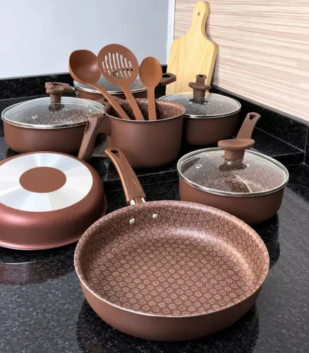 Conjunto Panelas MARROM 10PÇS - Anti Aderente Tampa de Vidro