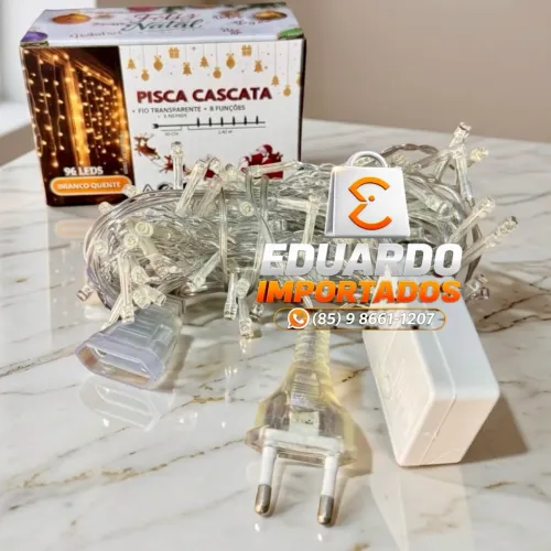 Pisca Cascata 96 LEDs Branco Quente - 8 Funções Fio Transparente (3m) a Prova d'água