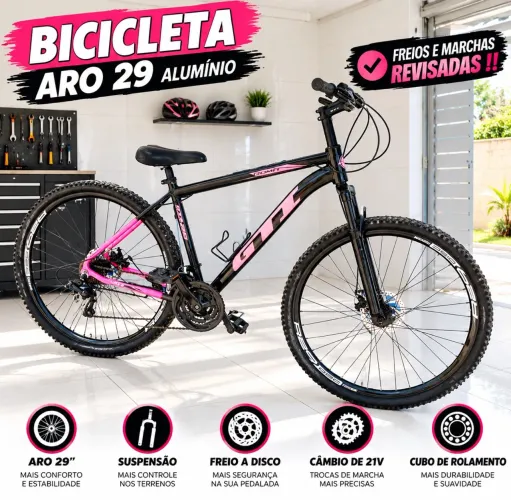 Bicicleta aro 29 alumínio, suspensão, freio a disco, câmbio de 21v, cubo de rolamento-