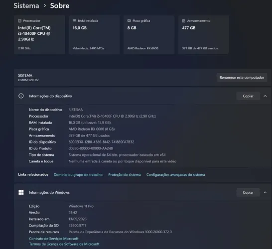 PC Gamer - i5 10400F | RX 6600 8GB Eagle| 16GB RAM | SSD 480GB