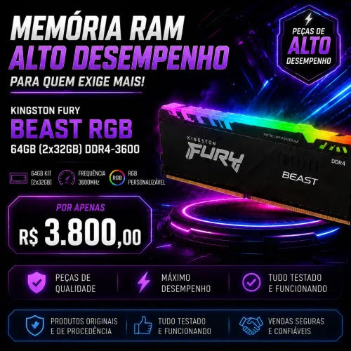 Memória RAM Kingston Fury Beast RGB 64GB (2x32GB) DDR4-3600
