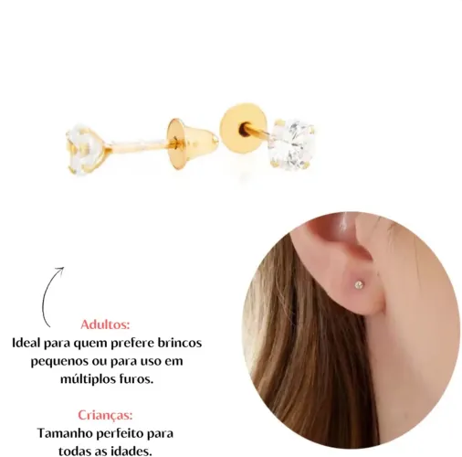 Brinco pedra Zircônia 2.5mm ouro18k