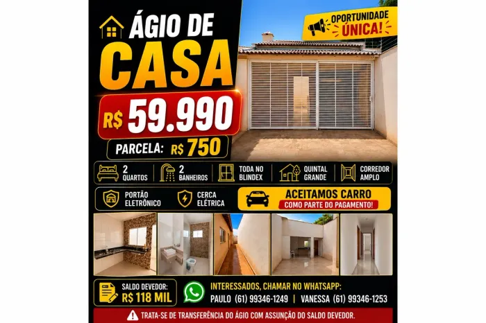 Ágio de Casa 2 Quartos - Parcela R$ 750