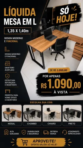mesa em L com gaveteiro acoplado